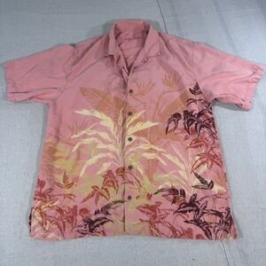 Tommy Bahama Shirt Mens Large Coral Pink 100% Silk Tropical Leaf Print Excellent